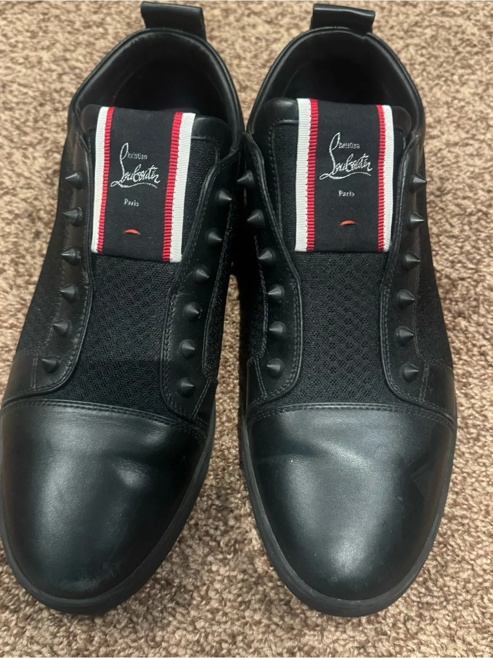Christian Louboutin Black Leather & Mesh Slip-On Loafers with Red-White Accent
